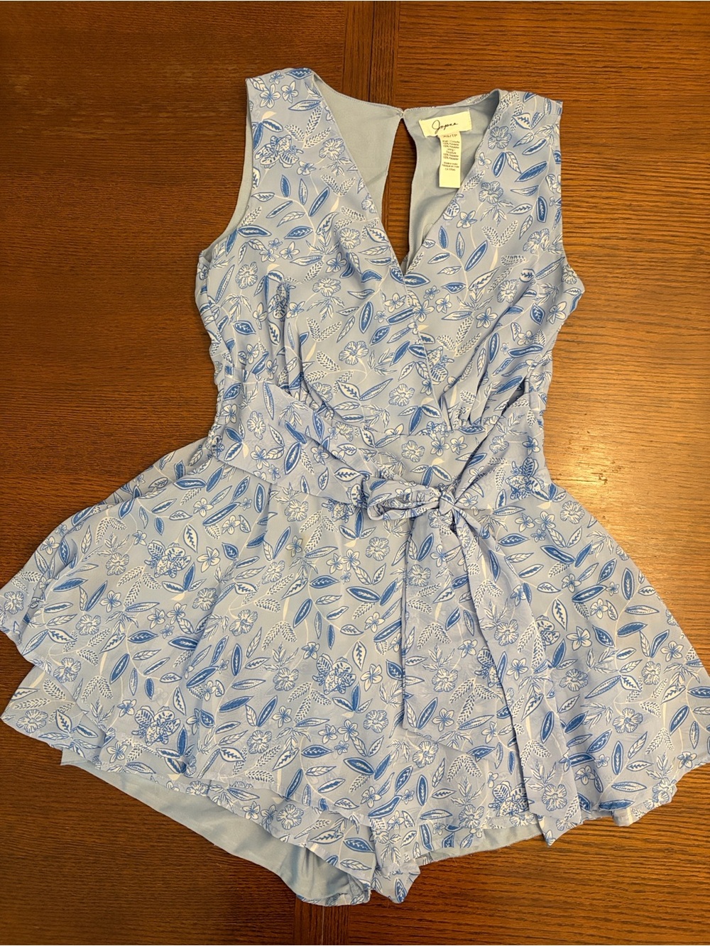 Japna Light Blue Floral Print Sleeveless Romper with Tie Waist